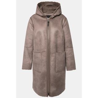 Ulla Popken  Shearling-Mantel, Lammfelloptik, 2-Wege-Zipper, Kapuze 