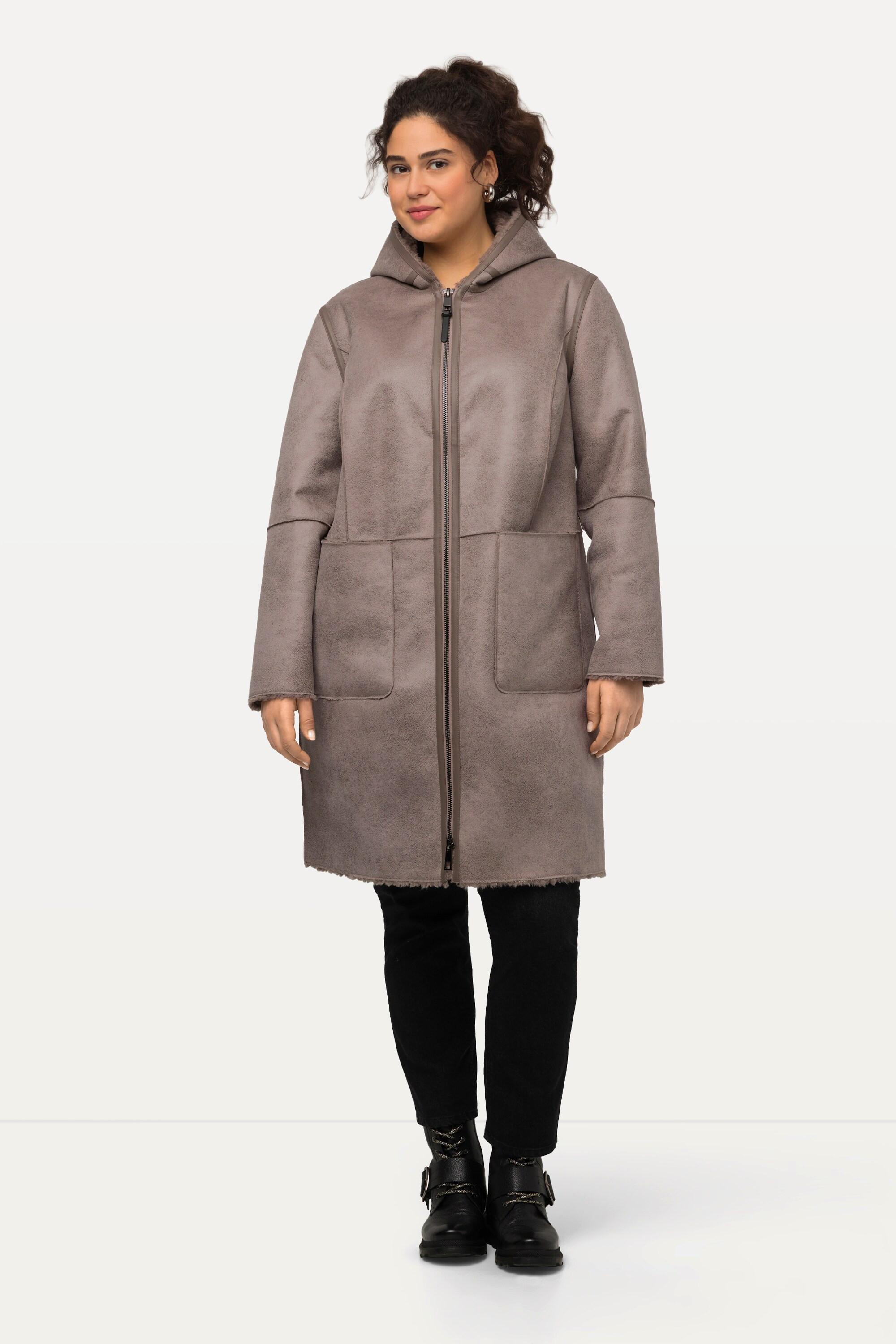 Ulla Popken  Shearling-Mantel, Lammfelloptik, 2-Wege-Zipper, Kapuze 