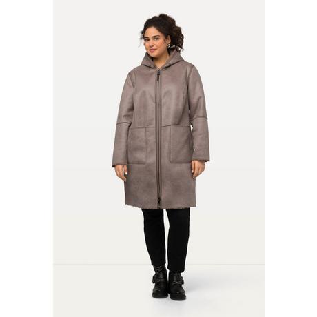 Ulla Popken  Shearling-Mantel, Lammfelloptik, 2-Wege-Zipper, Kapuze 