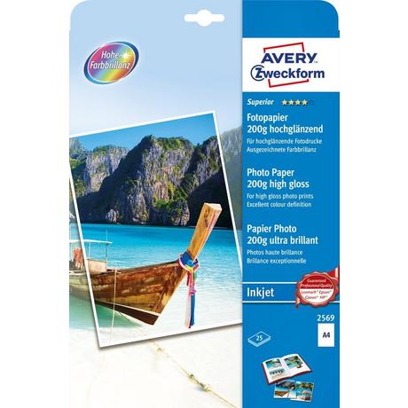 Avery-Zweckform AVERY ZWECKFORM Superior Inkjet Fotopapier A4 2569 200g, hochglanz 25 Blatt  