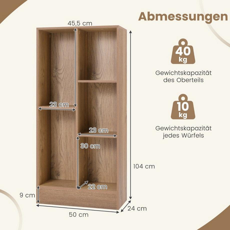 Northio Bibliothèque avec 5 compartiments, étagère sur pied, étagère cubique, étagère de bureau, étagère de rangement, 50 x 24 x 104 cm, naturel  