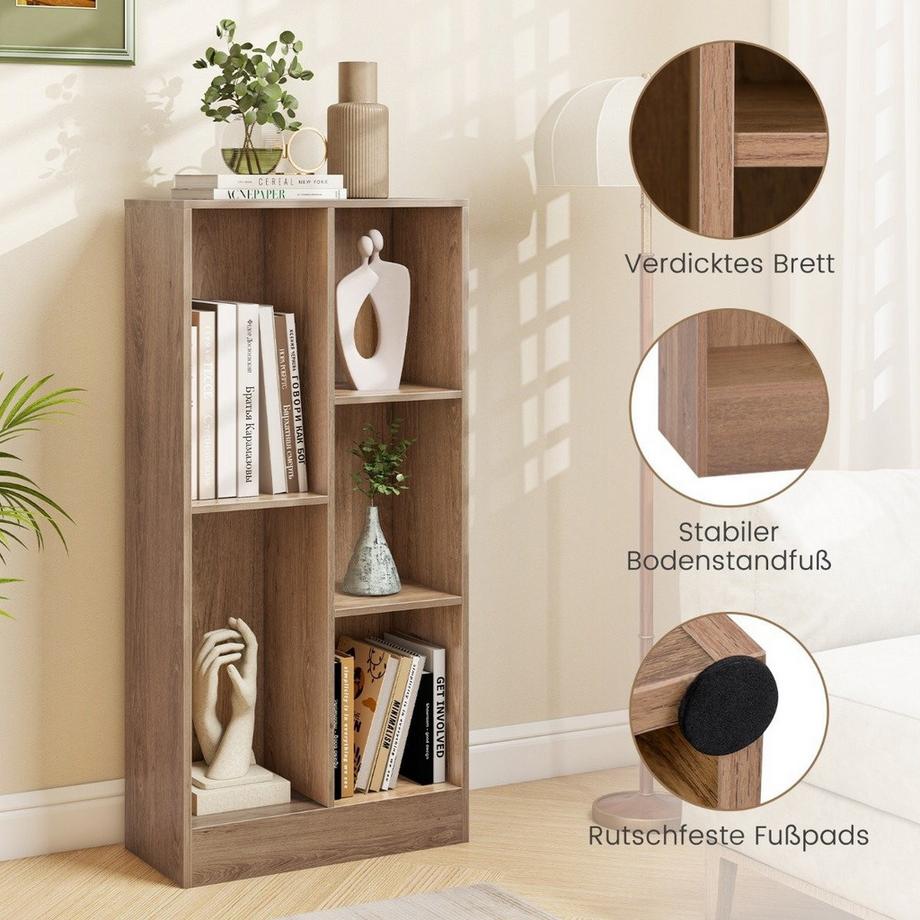 Northio Bibliothèque avec 5 compartiments, étagère sur pied, étagère cubique, étagère de bureau, étagère de rangement, 50 x 24 x 104 cm, naturel  