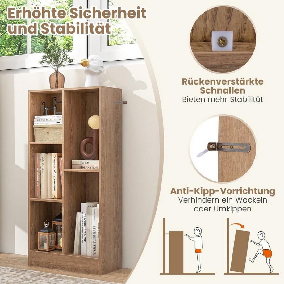 Northio Bibliothèque avec 5 compartiments, étagère sur pied, étagère cubique, étagère de bureau, étagère de rangement, 50 x 24 x 104 cm, naturel  