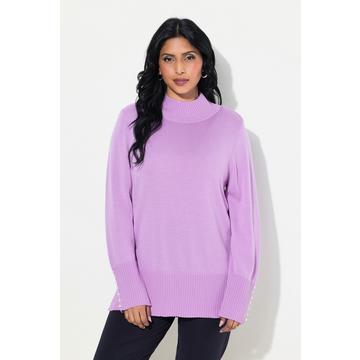 Pull en soie et laine, manches longues avec perles fantaisie, col montant