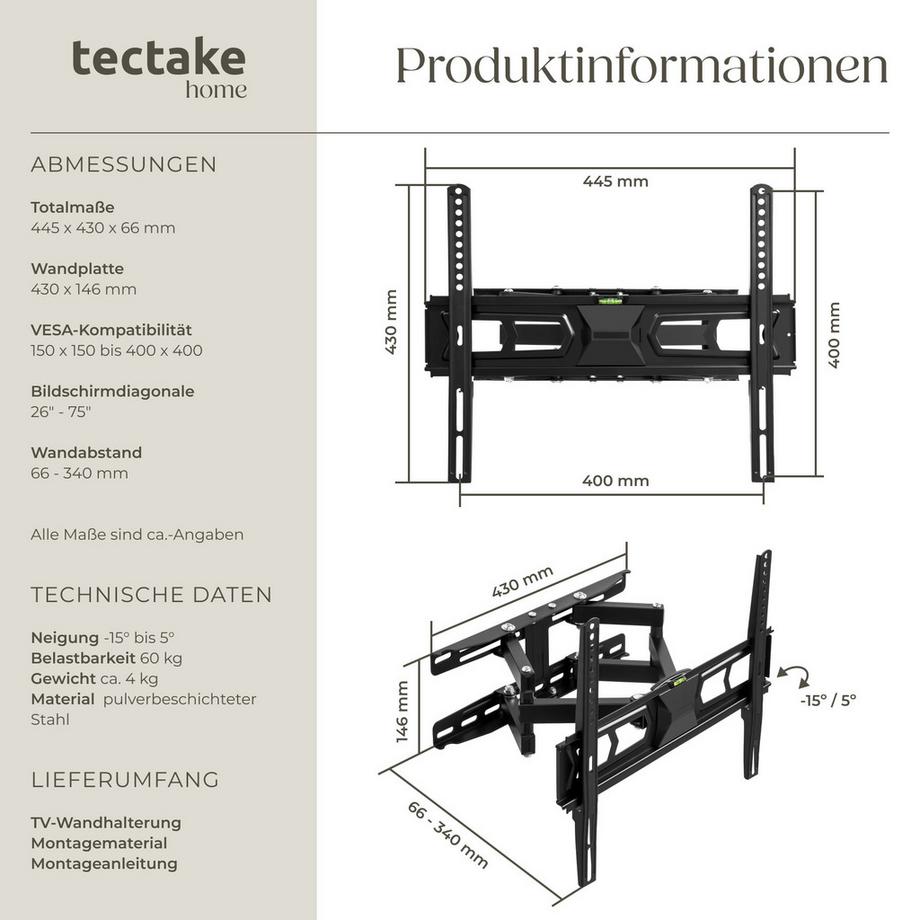 Tectake  Support mural de télévision  pour 26 - 75 pouces (66 - 191 cm) 