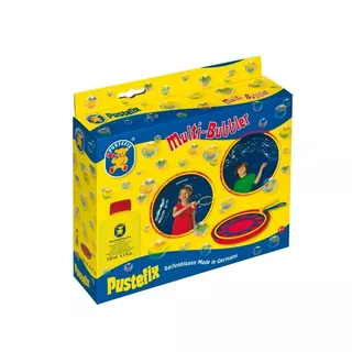 PUSTEFIX  DAM Pustefix Bubble Blower : MULTI-BUBBLER, avec 2 grands anneaux + Plaque + 250ml Pustefix, couleurs variées, en boîte, 5+. 