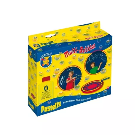 PUSTEFIX  DAM Pustefix Bubble Blower : MULTI-BUBBLER, avec 2 grands anneaux + Plaque + 250ml Pustefix, couleurs variées, en boîte, 5+. 