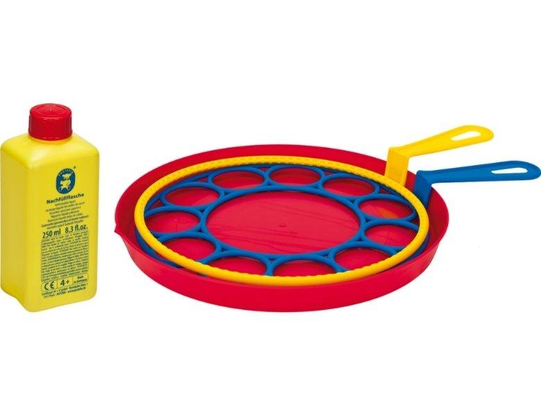 PUSTEFIX  DAM Pustefix Bubble Blower : MULTI-BUBBLER, avec 2 grands anneaux + Plaque + 250ml Pustefix, couleurs variées, en boîte, 5+. 