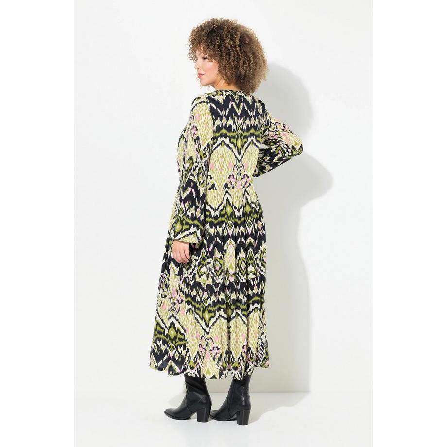 Ulla Popken Abito Midi Smockato Linea A Girocollo Maniche Lunghe  