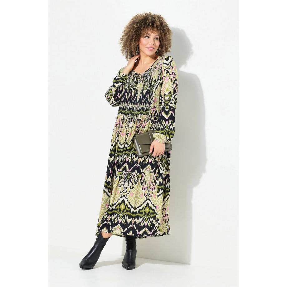 Ulla Popken Abito Midi Smockato Linea A Girocollo Maniche Lunghe  