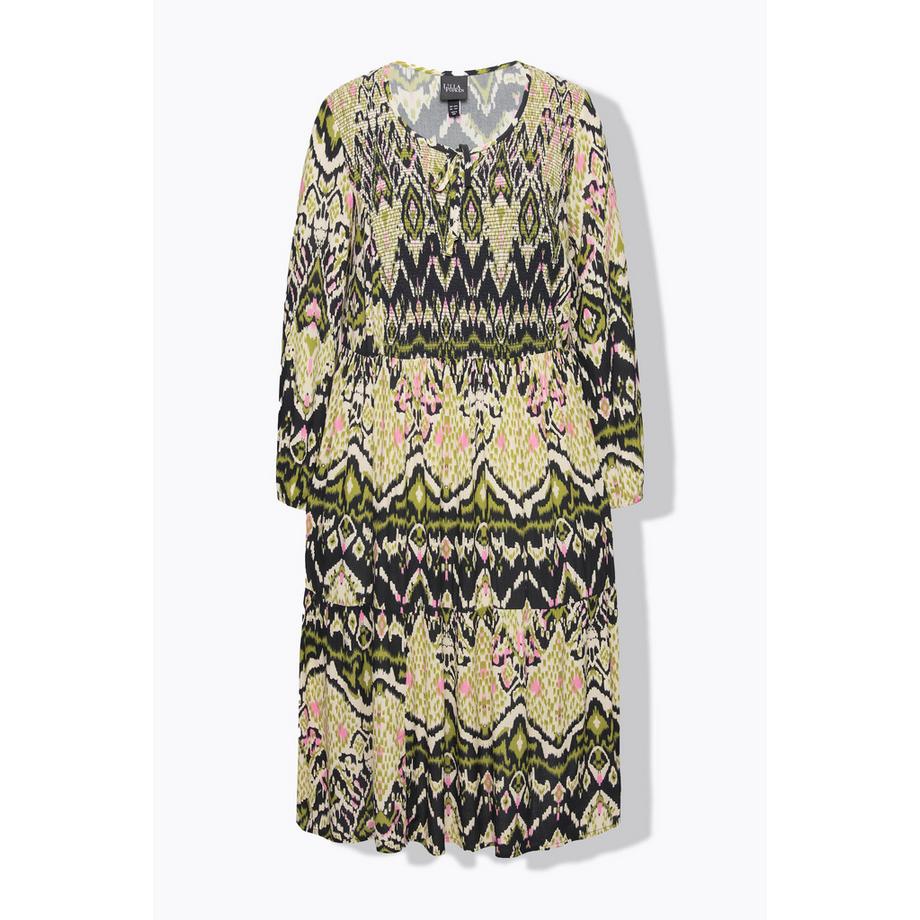 Ulla Popken Abito Midi Smockato Linea A Girocollo Maniche Lunghe  