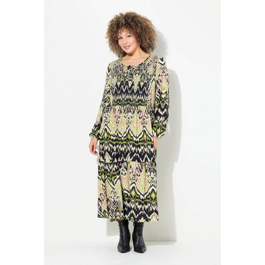 Ulla Popken Abito Midi Smockato Linea A Girocollo Maniche Lunghe  