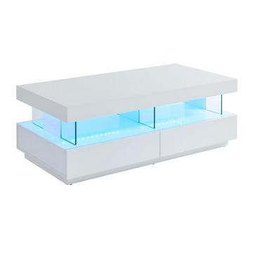 Table basse 2 tiroirs et 2 niches avec LEDs - MDF et verre trempé - Blanc laqué - FABIO II