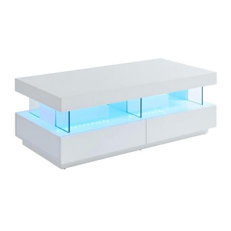 Vente-unique Table basse 2 tiroirs et 2 niches avec LEDs - MDF et verre trempé - Blanc laqué - FABIO II  