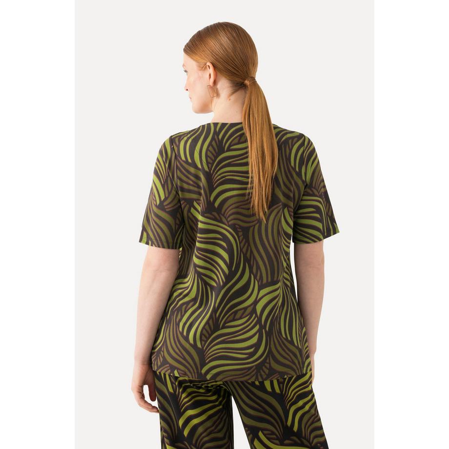 Ulla Popken Slinky T-shirt Imprimé Feuilles de Palmier Col Coeur Manches Courtes  