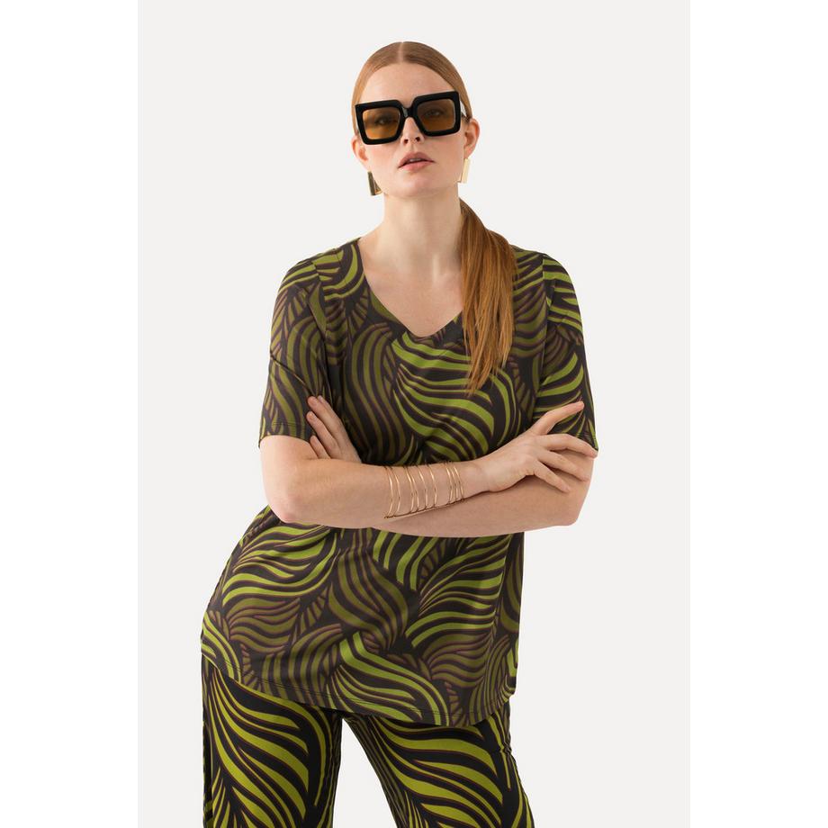 Ulla Popken Slinky T-shirt Imprimé Feuilles de Palmier Col Coeur Manches Courtes  