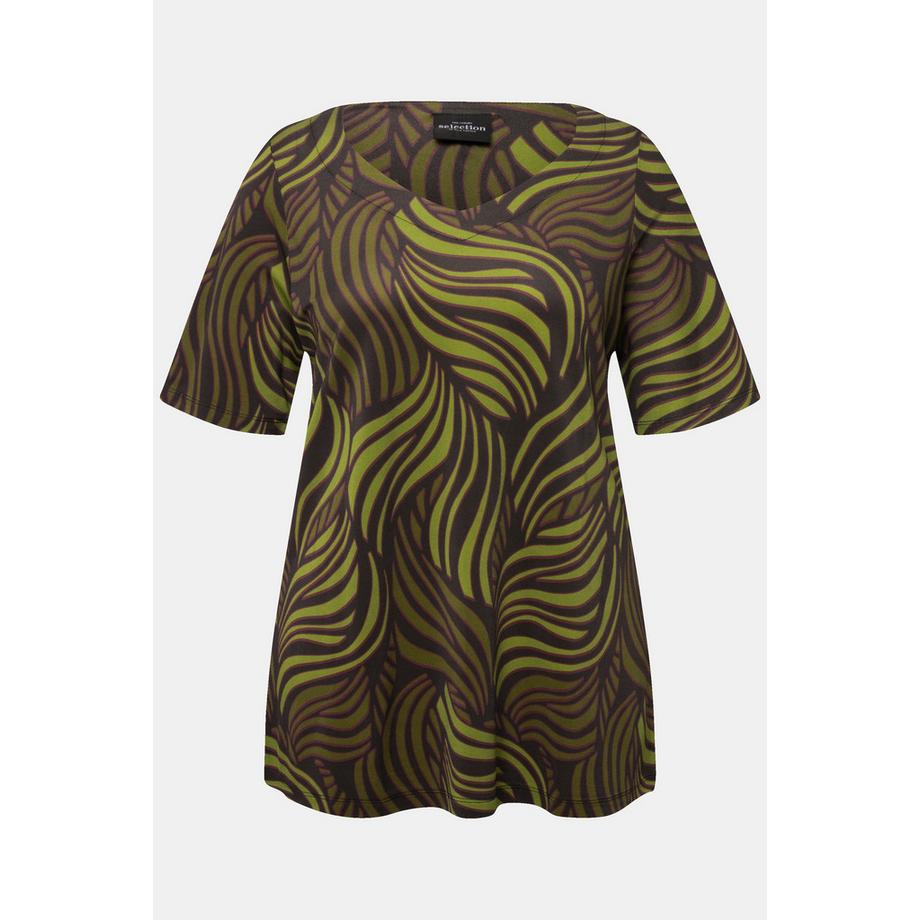 Ulla Popken Slinky T-shirt Imprimé Feuilles de Palmier Col Coeur Manches Courtes  