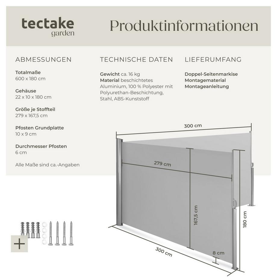 Tectake Aluminium Doppel-Seitenmarkise  ausziehbar, blickdicht wetterfest  