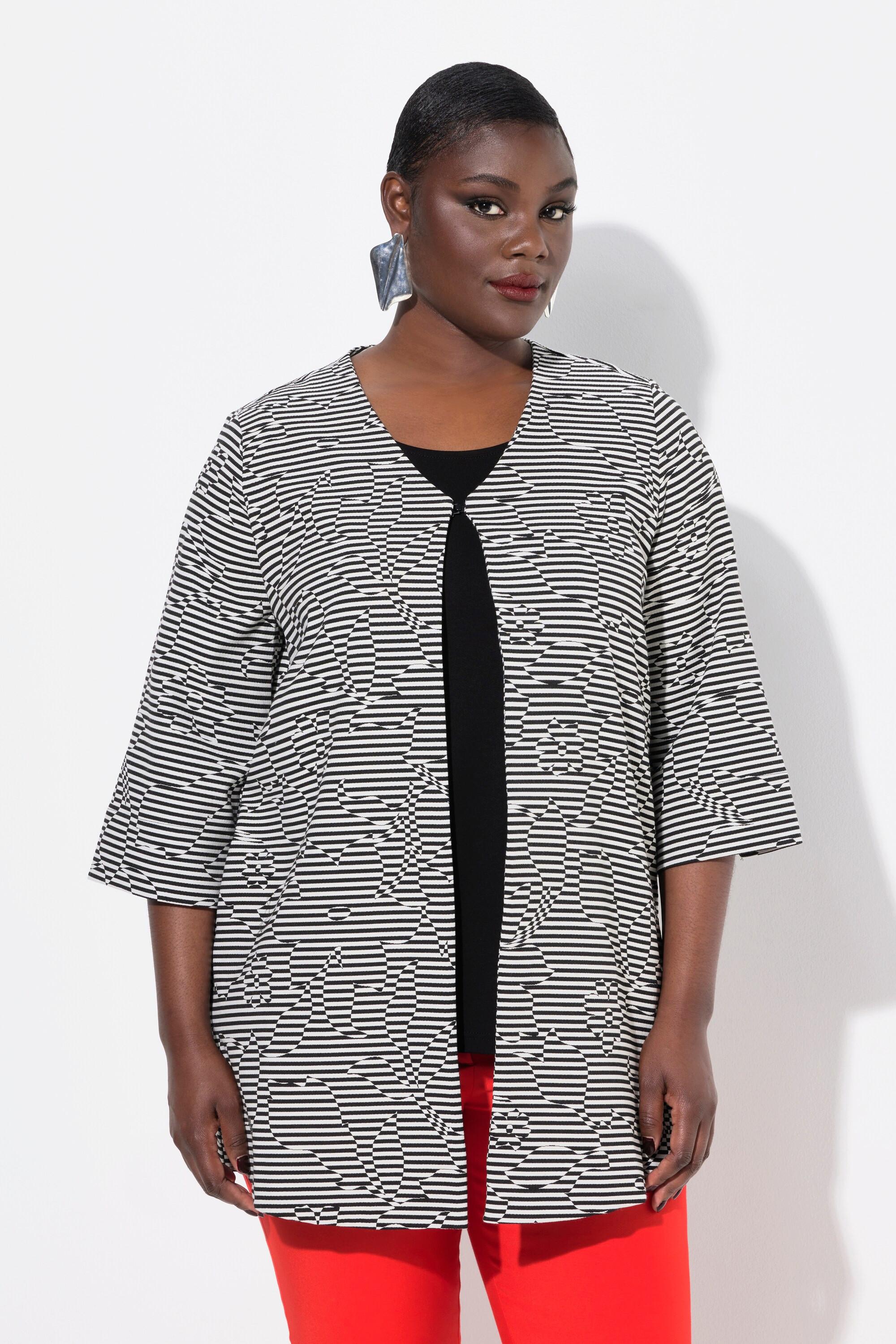 Ulla Popken Gestreifte V-Ausschnitt 3/4 Arm Jacke Hakenverschluss  