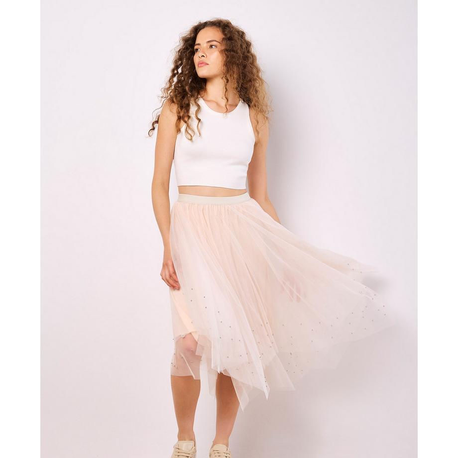 Jupe midi en tulle ornée de perles