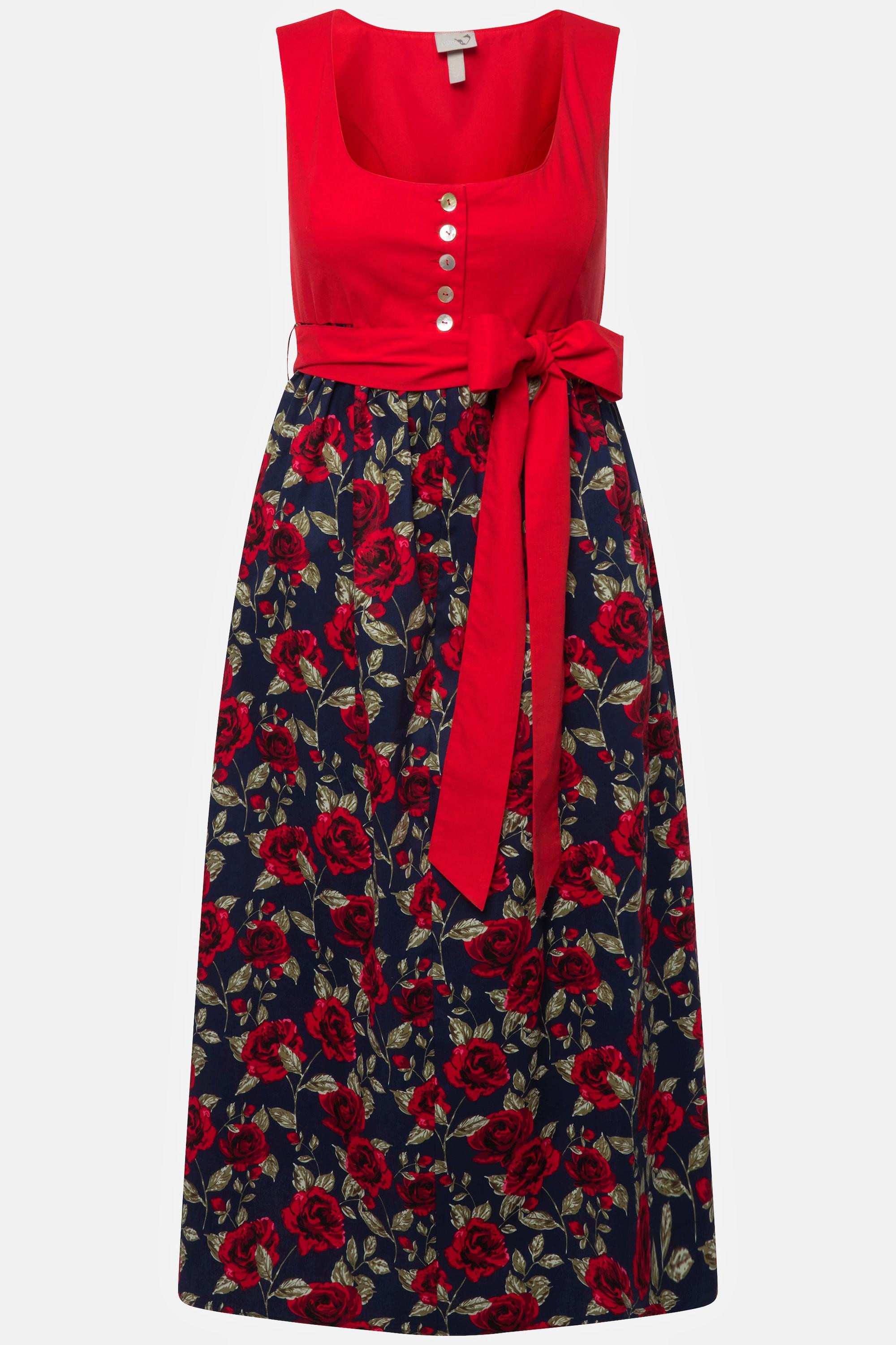 Ulla Popken  Dirndl, Blüten, Bindeband, Carree-Ausschnitt, ärmellos 