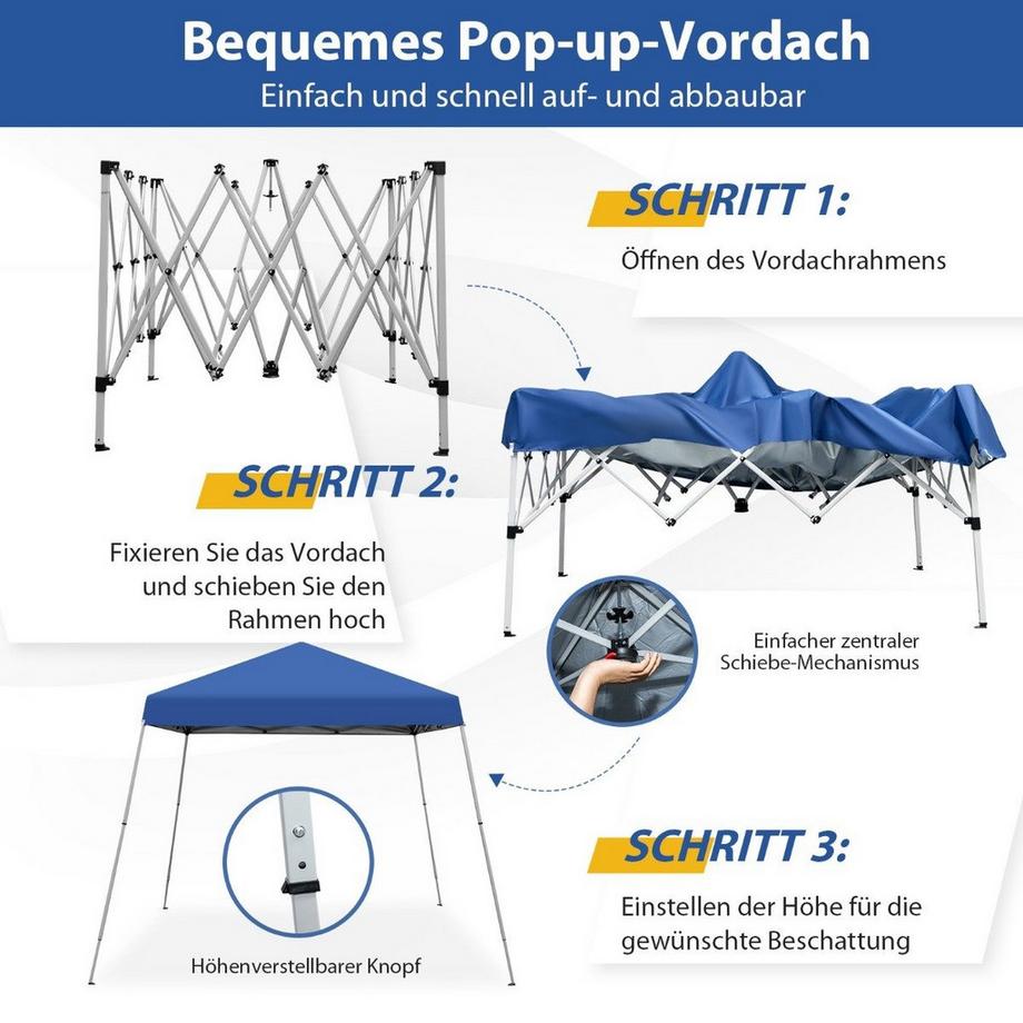 Northix Faltpavillon 3 m x 3 m Großes Aufklappbares Vordach Blau mit Tragetasche mit 3-stufiger Höhenverstellung  