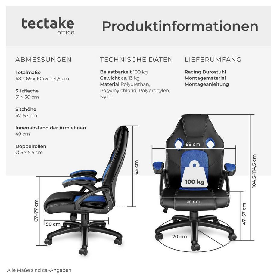 Tectake Bürostuhl Mike ergonomische Form dicke Polsterung  