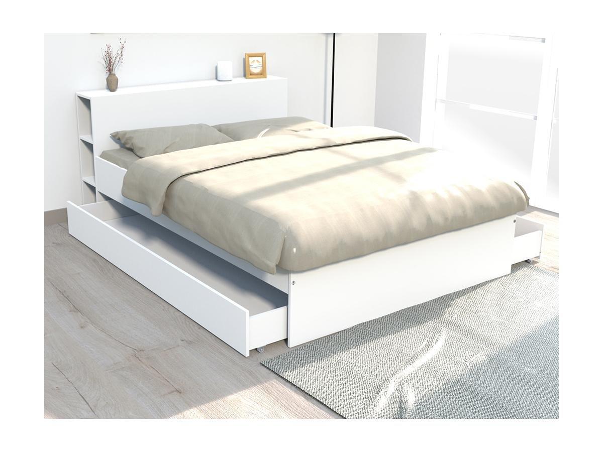 Vente-unique Letto con testata vani portaoggetti e cassetti 140 x 190 cm Bianco + Rete - EUGENE  