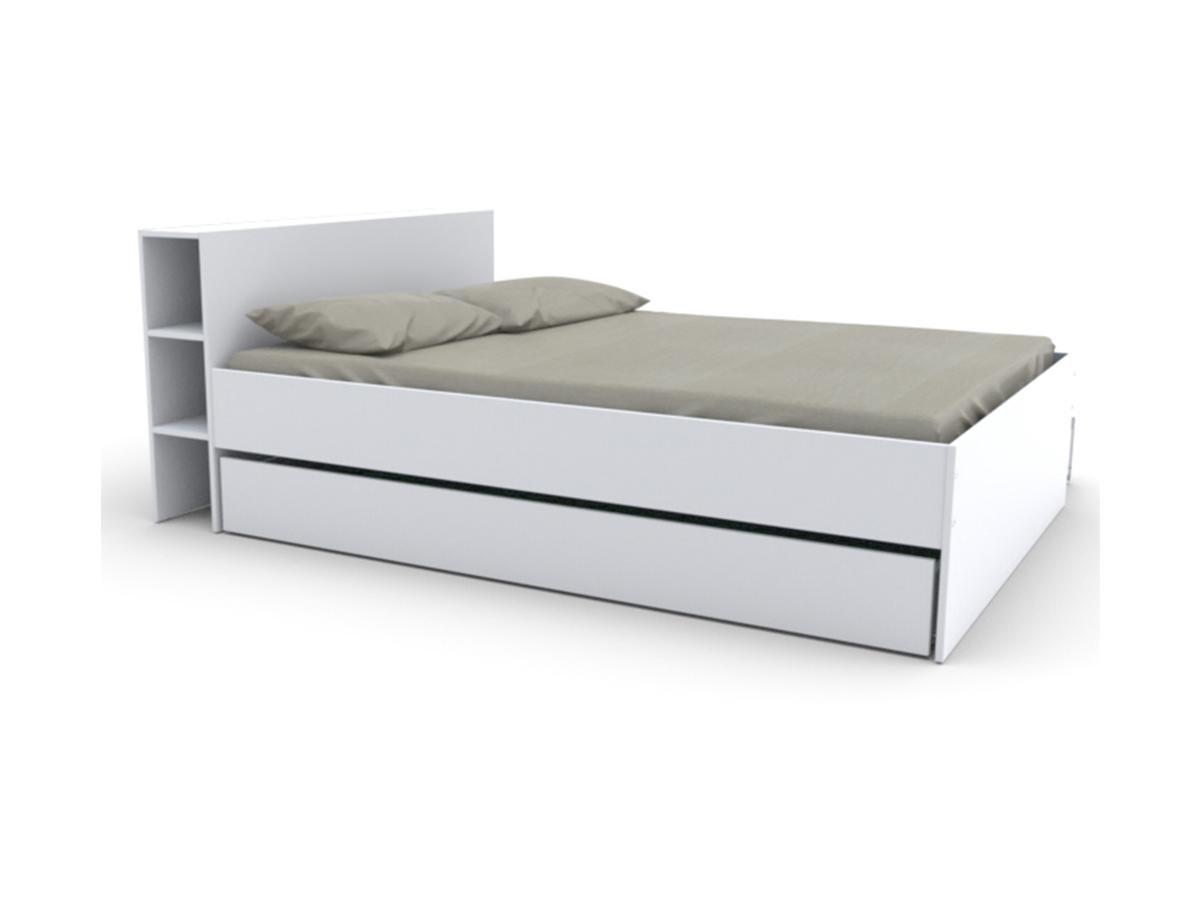 Vente-unique Letto con testata vani portaoggetti e cassetti 140 x 190 cm Bianco + Rete - EUGENE  