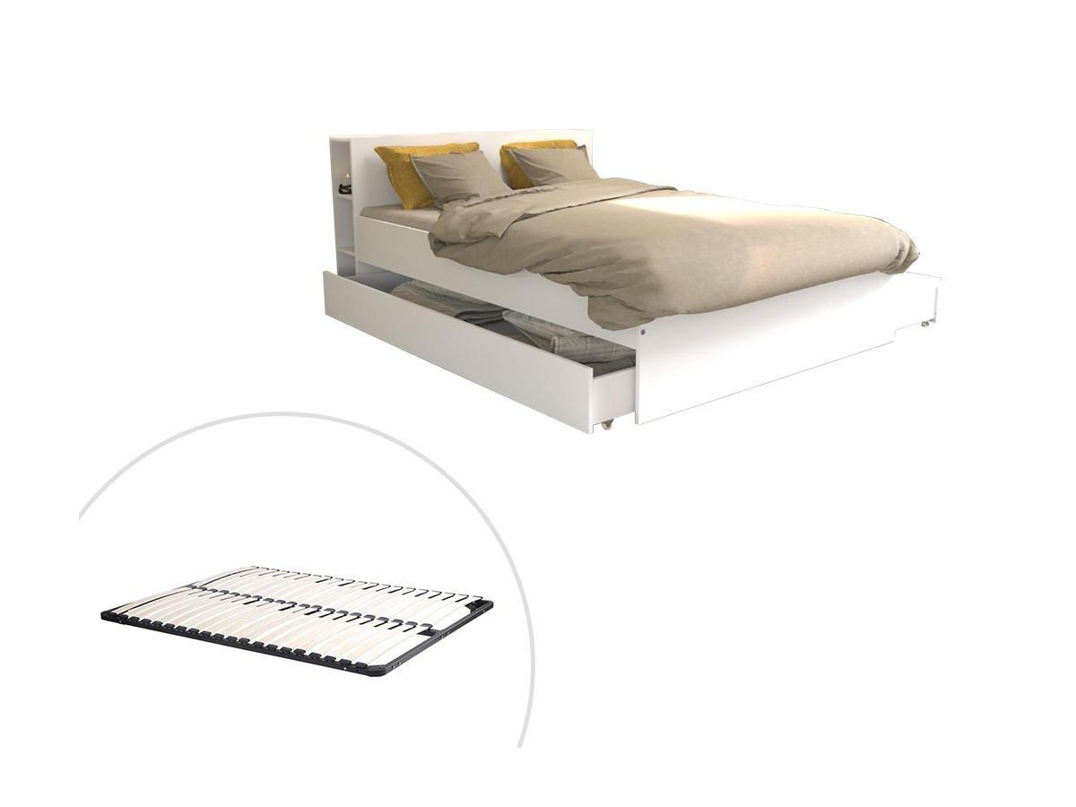 Vente-unique Letto con testata vani portaoggetti e cassetti 140 x 190 cm Bianco + Rete - EUGENE  