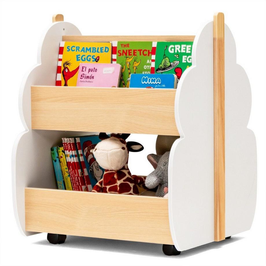 Northix Libreria per bambini in legno con ruote universali, 2 livelli porta giocattoli su ruote, bianco + naturale  