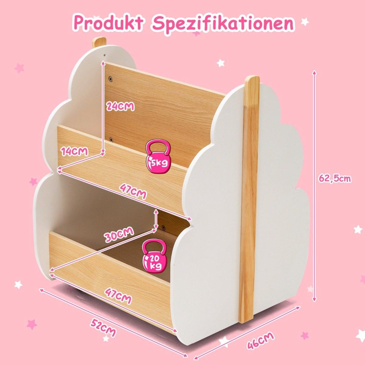 Northix Kinder Bücherregal aus Holz mit Universalrädern 2 Ebenen Spielzeugregal auf Rollen Weiß + Natur  
