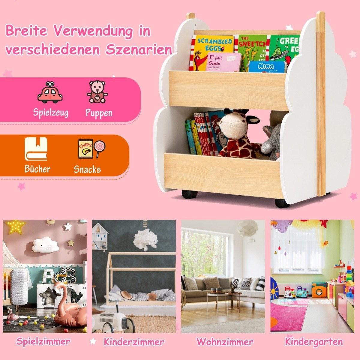 Northix Kinder Bücherregal aus Holz mit Universalrädern 2 Ebenen Spielzeugregal auf Rollen Weiß + Natur  