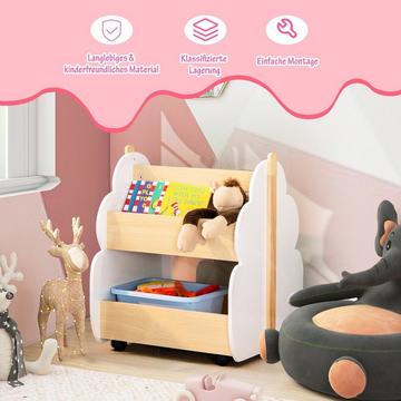 Libreria per bambini in legno con ruote universali, 2 livelli porta giocattoli su ruote, bianco + naturale