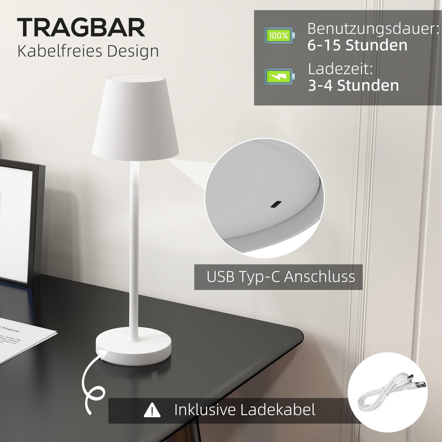 Northio Lampe de table Lampe de table USB rechargeable avec 3 couleurs de lumière, lampe de chevet USB portable avec interrupteur tactile pour salon, métal, blanc  