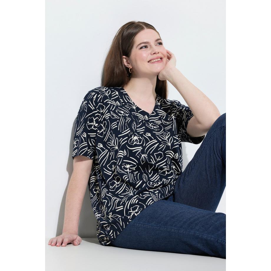 Ulla Popken Maglia Taglio Svasato Scollo V Mezze Maniche Cotone Biologico  