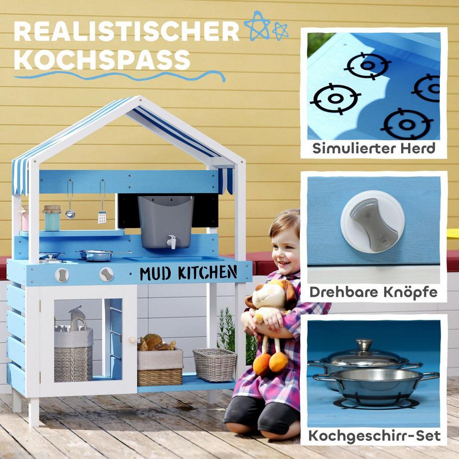 Northio  Matschküche Kinder Outdoor Gartenspielküche aus Holz mit Herd, Spüle, Wasserhahn, Aufbewahrungsregale, Kochgeschirr, Zubehör, Spielküche für Kinder 3-7 Jahren Blau Aosom 