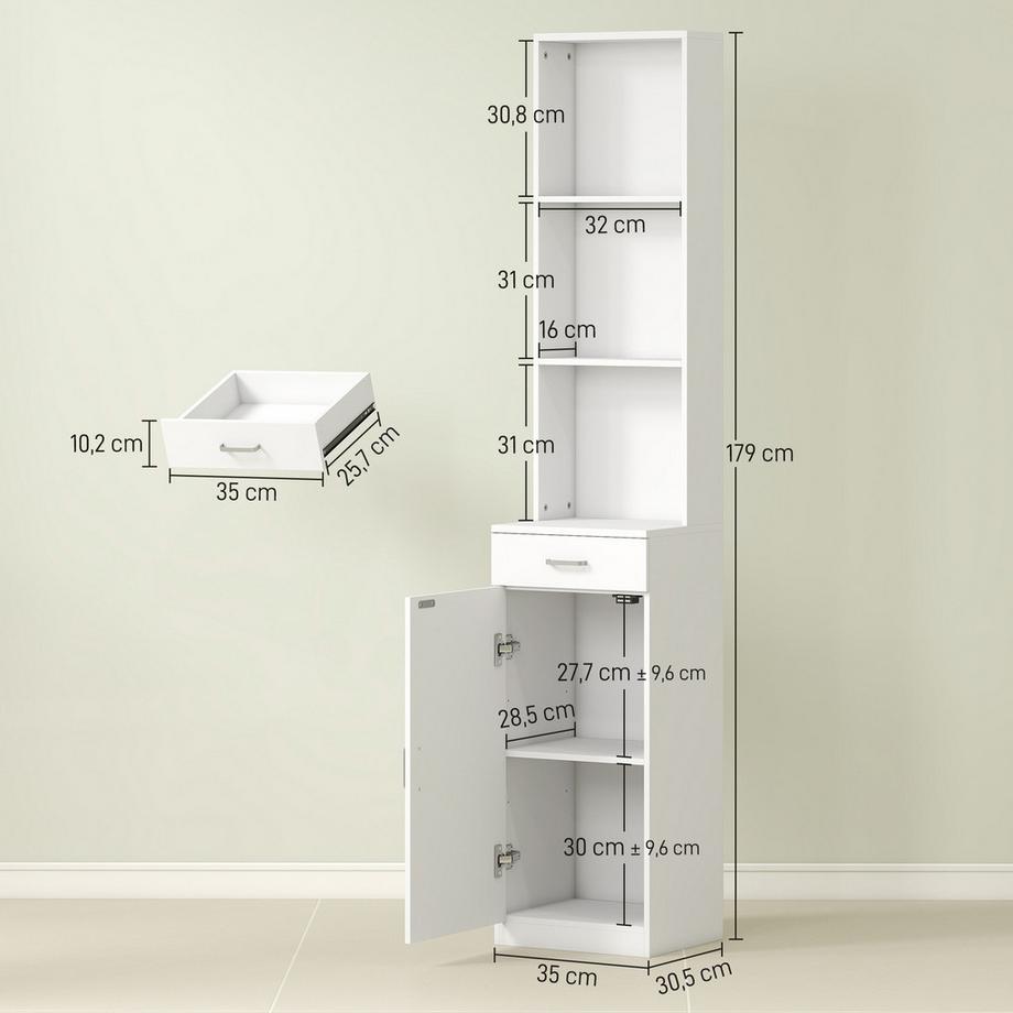 Northio Hoher Badezimmerschrank, schmales Design, Schublade, Regale, Schrank, Spanplatte, Weiß  