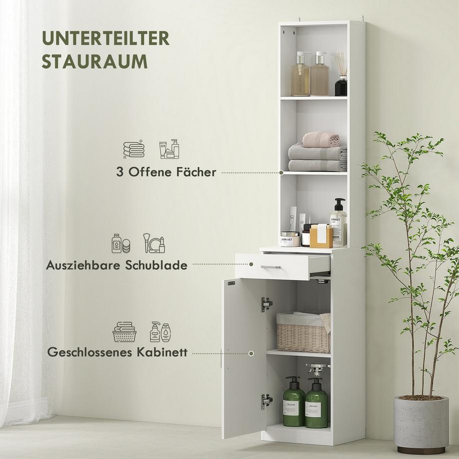 Northio Hoher Badezimmerschrank, schmales Design, Schublade, Regale, Schrank, Spanplatte, Weiß  