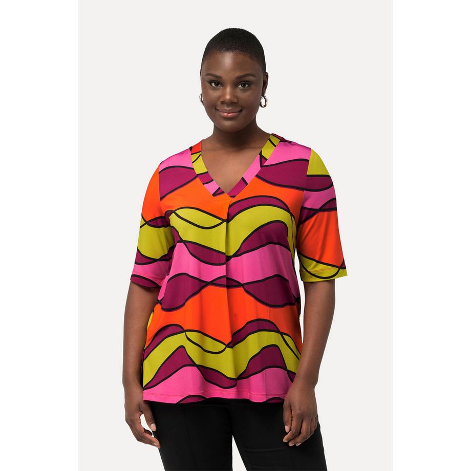Ulla Popken T-shirt Slinky Motif Ondulé Col V Manches Courtes  