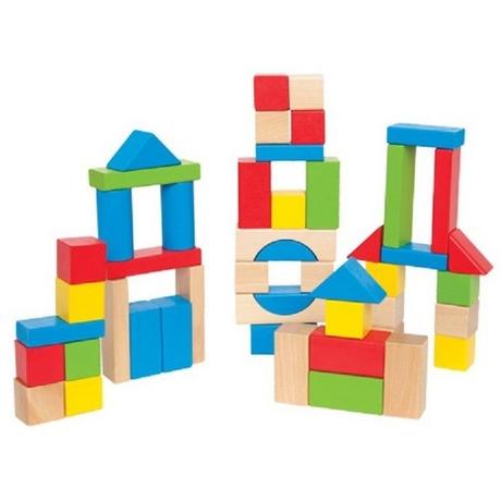 Hape  Bunte Holzbausteine für Kinder von  | Holzbausteine-Set zum Stapeln Lernspielzeug für Kleinkinder, 50 leuchtend bunte Holzbausteine in unterschiedlichen Formen und Größen 