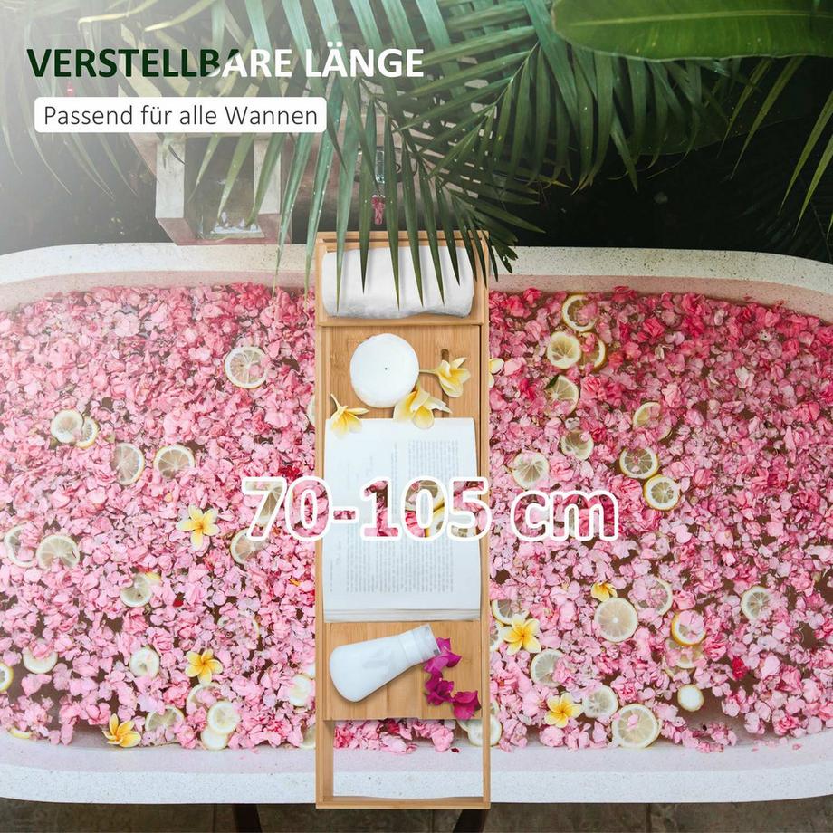 Northio Mensola Per Vasca Da Bagno In Bambù, Ponte Per Vasca, Cuscino Per Vasca, Naturale, Regolabile 70-105X21,8X5 Cm  