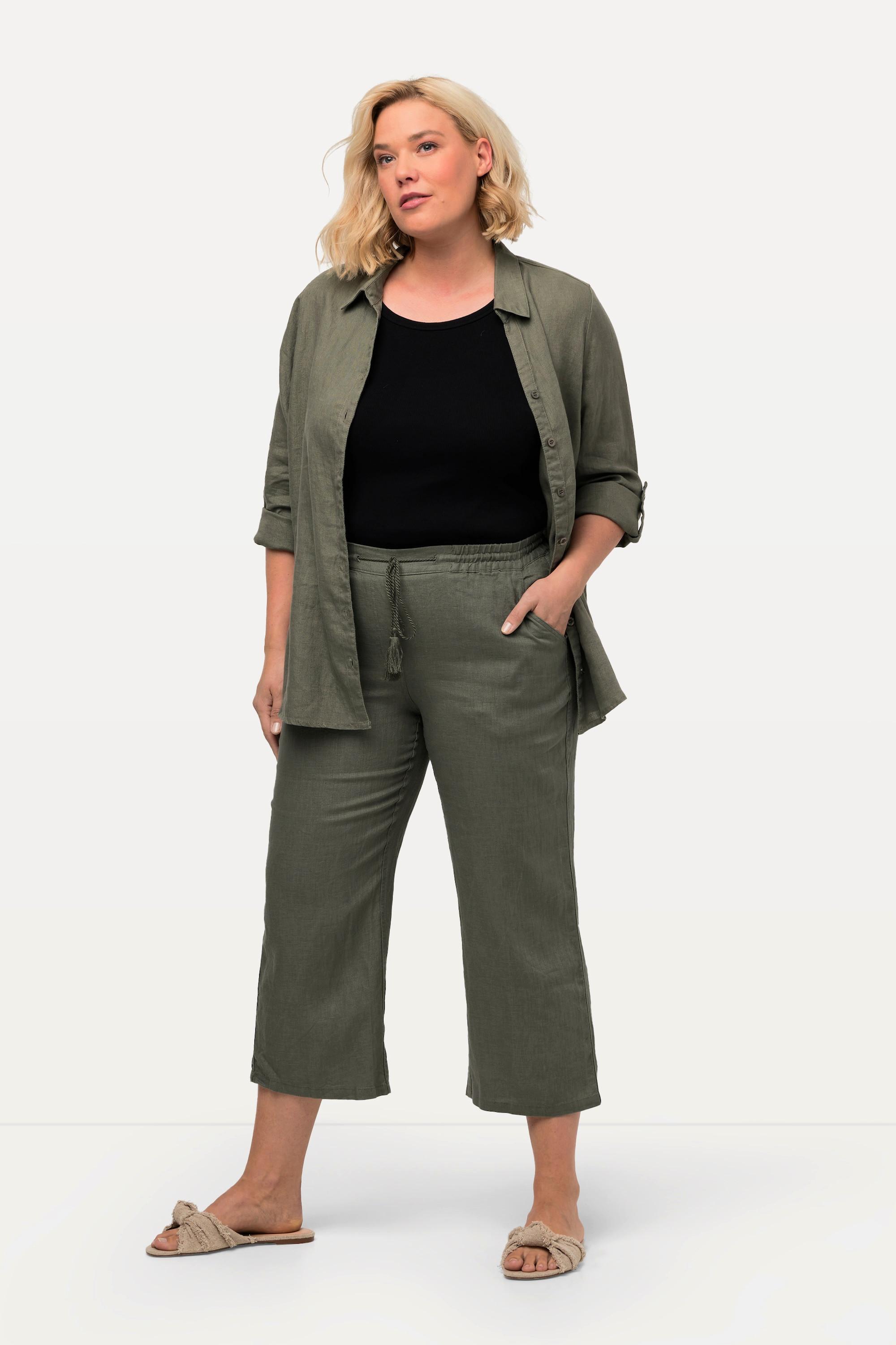 Ulla Popken  Pantalon en lin 7/8 à taille élastique. Naturellement respirant 