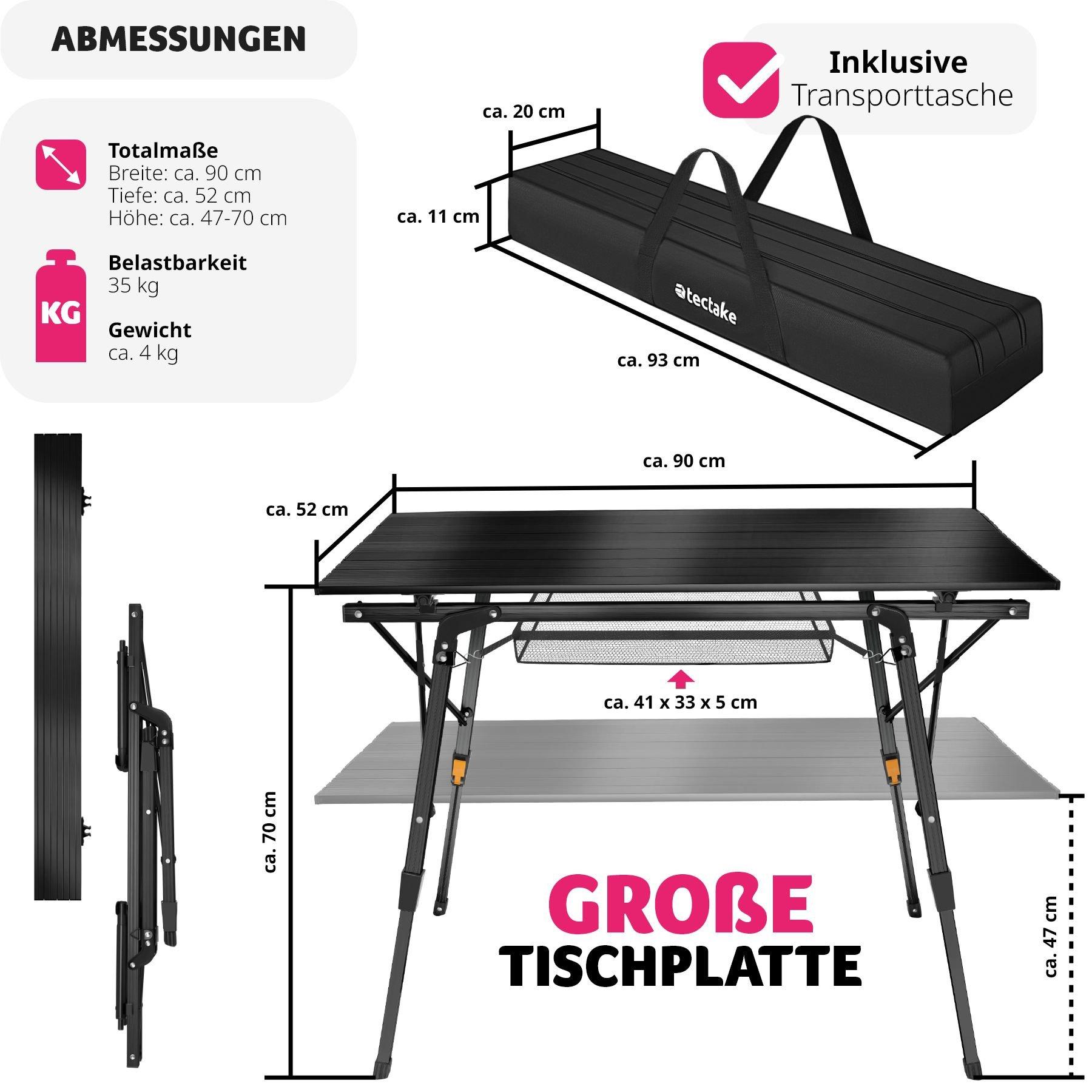 Tectake  Table de camping Tina en aluminium, pliable et réglable en hauteur 