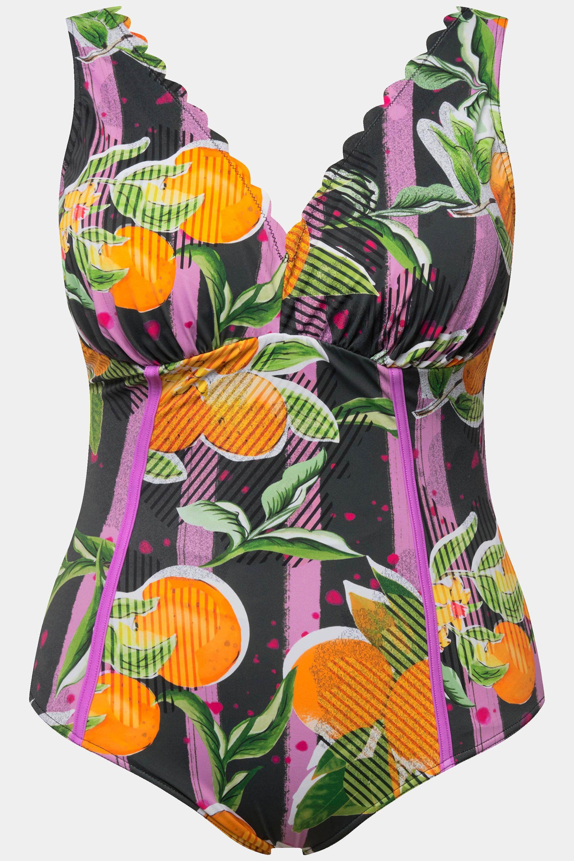 Ulla Popken  Maillot de bain avec bonnets souples, imprimé oranges et passepoils fluo 