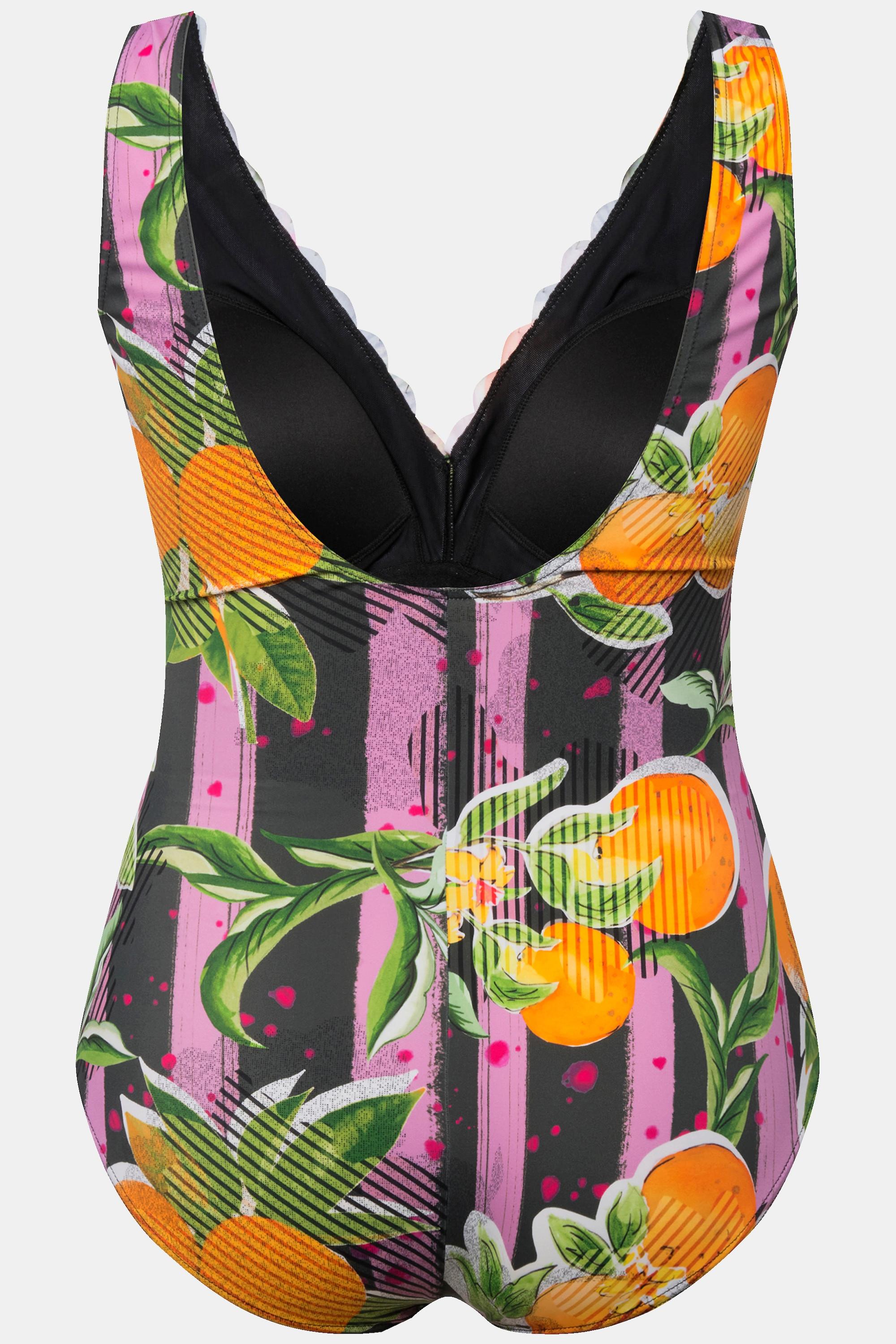 Ulla Popken  Maillot de bain avec bonnets souples, imprimé oranges et passepoils fluo 