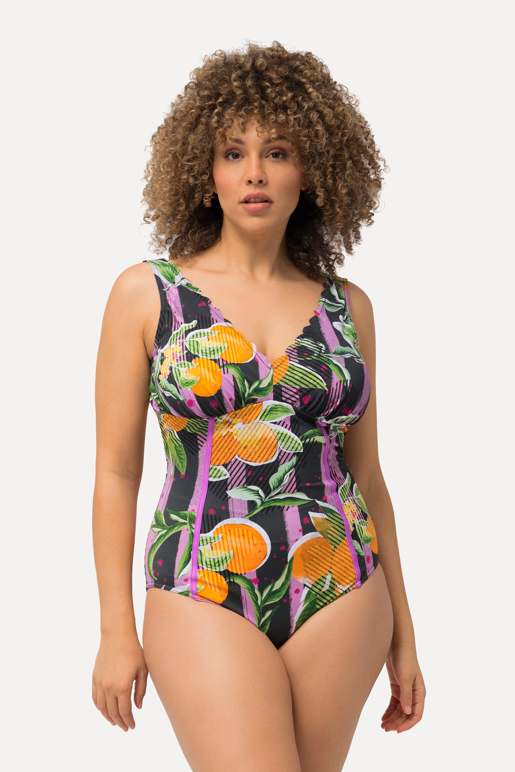 Ulla Popken  Maillot de bain avec bonnets souples, imprimé oranges et passepoils fluo 