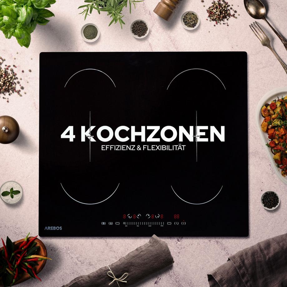 Arebos Piano di cottura a induzione in vetroceramica, autosufficiente 7200 W 4 Zone  