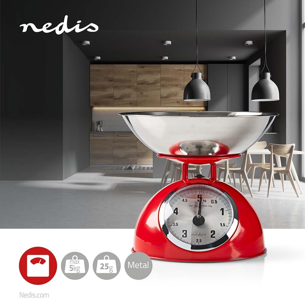 Nedis Bilancia da cucina | Analogica | Acciaio inox | Vaschetta estraibile | Rosso  