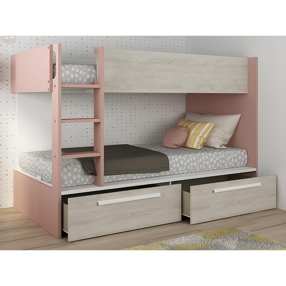 Vente-unique Letto a castello 2 cassetti 2 x 90 x 200 cm Rosa, Naturale e Bianco - TINOLI  